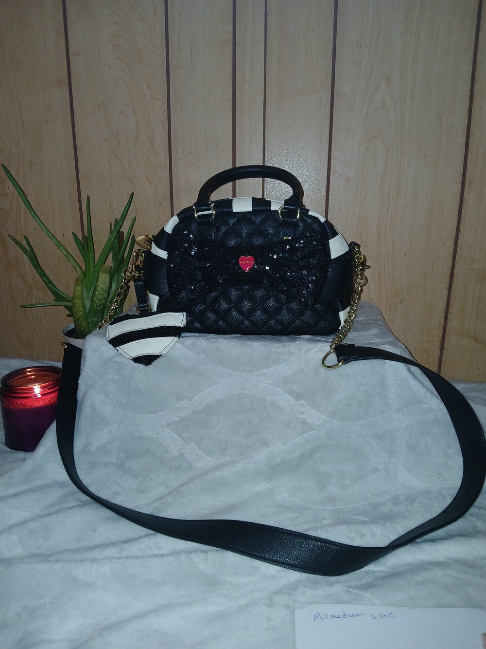 Betsey Johnson Black Quilted Heart Crossbody with Striped Accents